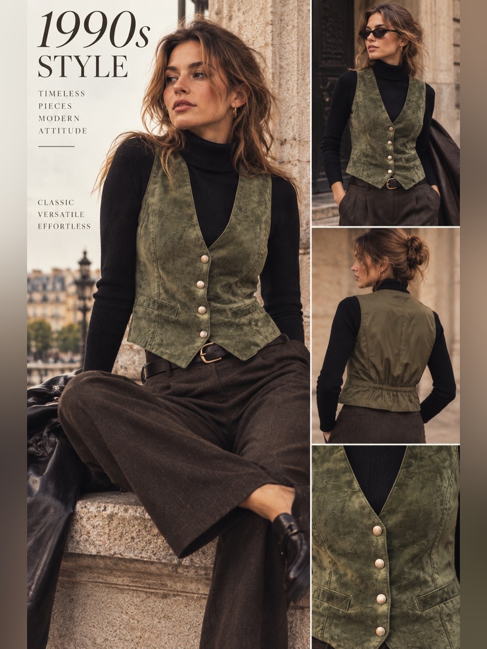 Vintage 90’s Ada Olive Suede Button Vest - Green Suede
